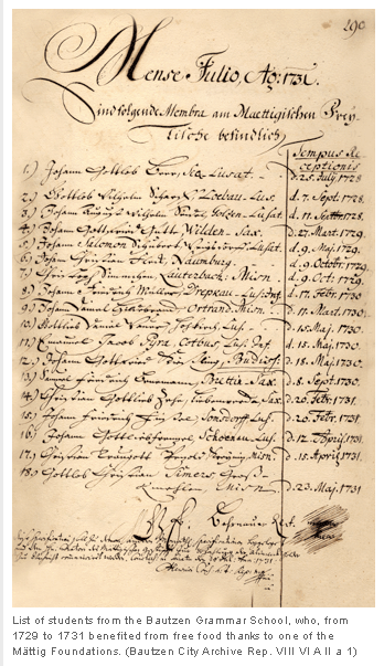 List of students from the Bautzen Grammar School, who, from 1729 to 1731 benefited from free food thanks to one of the Mättig Foundations. (Bautzen City Archive Rep. VIII VI A II a 1)